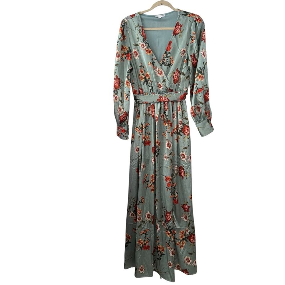 Baltic Born Sage Green Floral Long Sleeve Wrap Maxi with Red Blooms